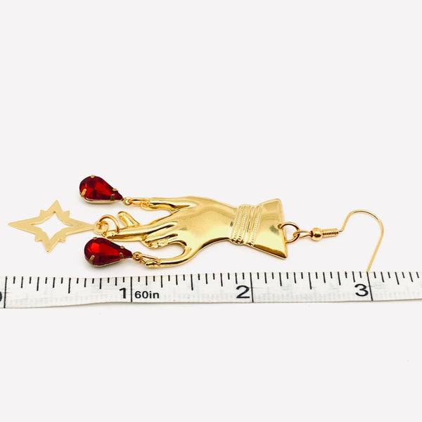 Golden Hand Red Rhinestone Pendant Earrings Gothic Style -GT