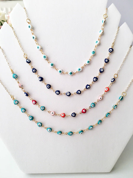 Evil Eye Necklace, Evil Eye Bead Necklace, Tiny Evil Eye Charms, Blue Evil Eye Necklace