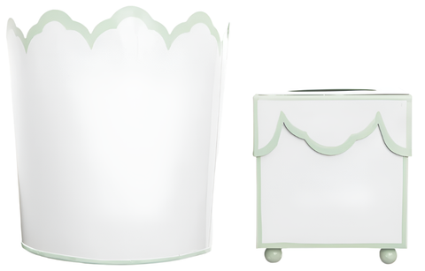 White Scalloped with Green Wastepaper Basket & Tissue Holder