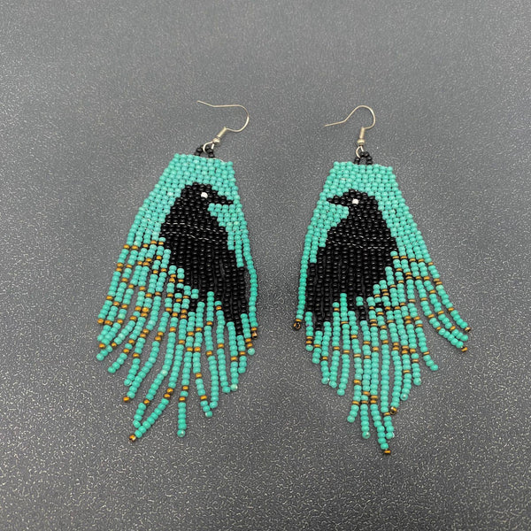 Boho Crow Pattern Seed Bead Fringe Earrings - BJ/SB