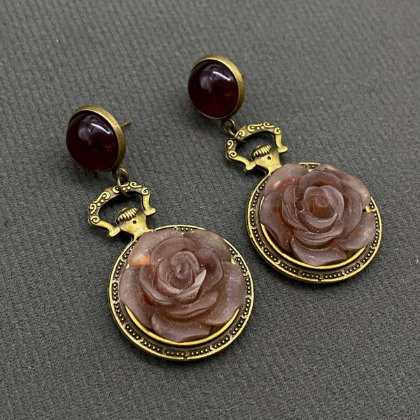 Vintage Glazed Flower Red Agate Post Earrings