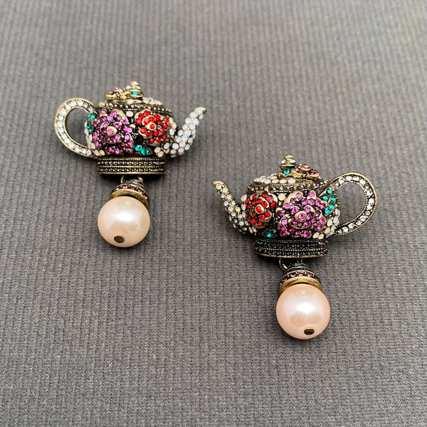 Vintage Rhinestones Inlaid Teapot Earrings