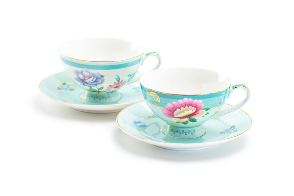 Mint Flower Garden 7oz Fine Porcelain Cup & Saucer Set of 2