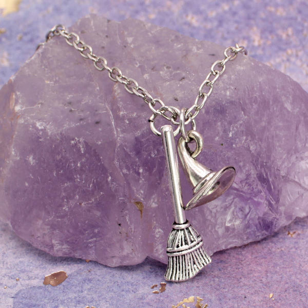 Basic Witch Silver Hat Broom Charm Necklace