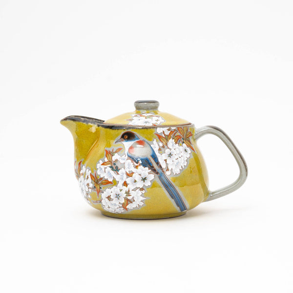 Kutani Ware Handmade Yoshidaya Cherry Bird Teapot - Yellow