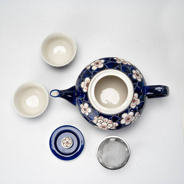 Ume Plum Blossoms Blue Tea Set 26oz Tea Pot with 2 Cups (1/8)