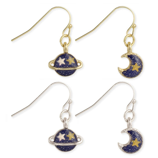 Small Blue Glitter Moon & Planet Earrings