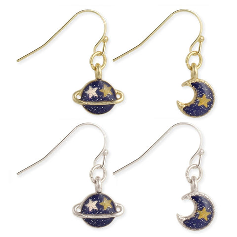 Small Blue Glitter Moon & Planet Earrings