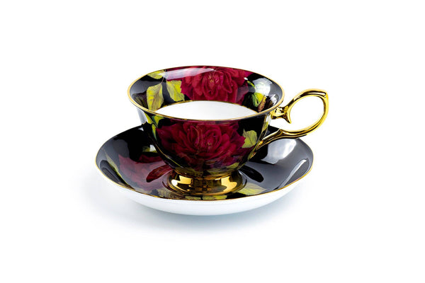 Gold Black Stem Rose 7oz Bone China Tea Cup and Saucer
