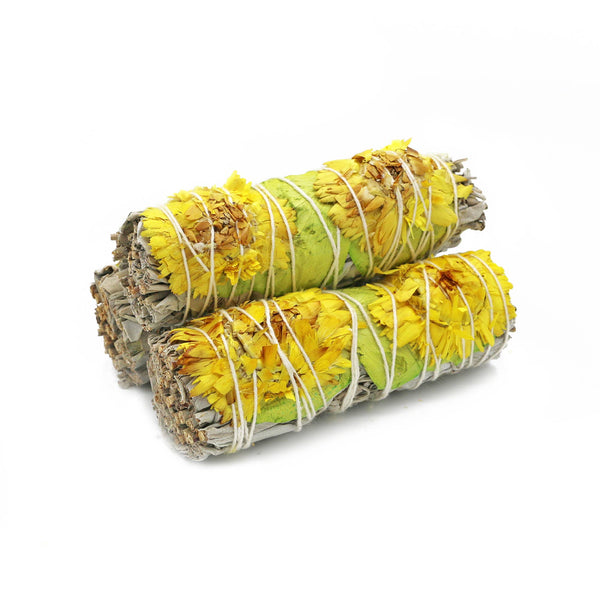White Sage Smudge Stick, Rose & Sunflower - Golden (4 in.)