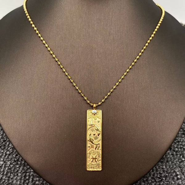 Rectangular 18K Golden SS Zodiac Signs Charm Necklace - FGS