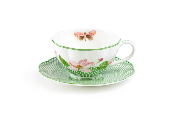 Apple Blossom Lattice Bone China Tea Cup Saucer w/ Gift Box