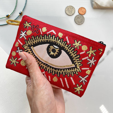 Evil Eye Coin Purse, Bohemian Zipper Pouch, Handmade Coin Pu