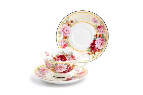 Peony and Strawberry Cream 6oz Bone China Tea Cup and Saucer