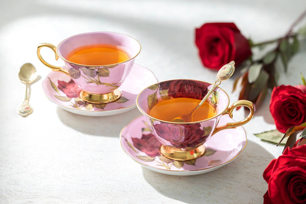 Gold Pink Stem Rose 7oz Bone China Tea Cup and Saucer