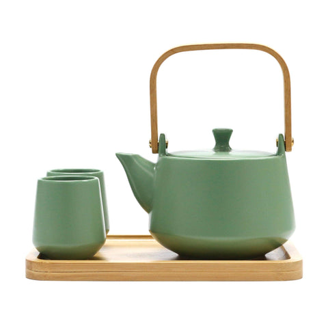 Green Matte Glazed Tea Set 22 oz Tea Pot with 2 Cups and Wooden Tray (1/12)