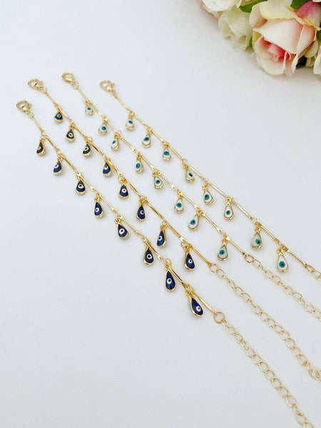 Evil Eye Bracelet, Teardrop Evil Eye Beads, Gold Chain Bracelet, Blue White Eye