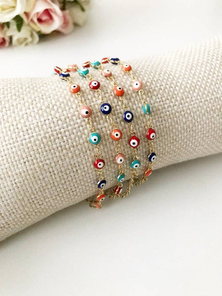 Evil Eye Chain Bracelet, Rainbow Evil Eye Bead Bracelet, Gol