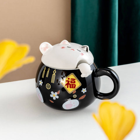 Fortune Cat 15oz Mug With Lid and Spoon