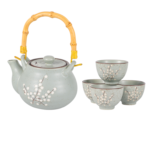 Blue Ume Plum Blossoms Tea Set 27oz Tea Pot with 4 Cups (1/12)