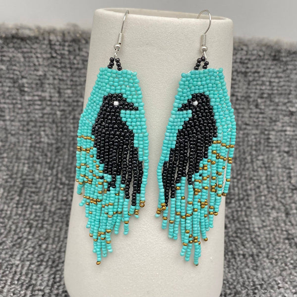 Boho Crow Pattern Seed Bead Fringe Earrings - BJ/SB