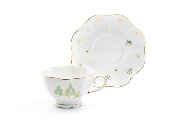 Christmas Pine Trees Fine Porcelain Tea Cup and Saucer