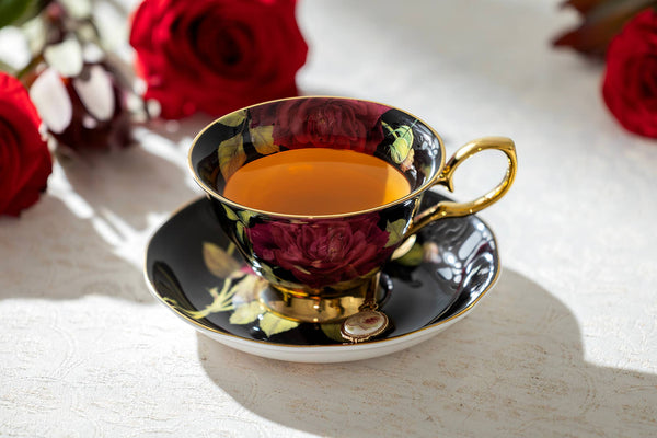 Gold Black Stem Rose 7oz Bone China Tea Cup and Saucer