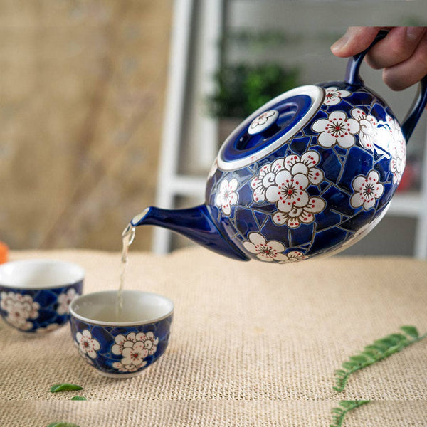 Ume Plum Blossoms Blue Tea Set 26oz Tea Pot with 2 Cups (1/8)
