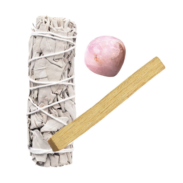 White Sage, Smooth Rose Quartz, Palo Santo Bundle