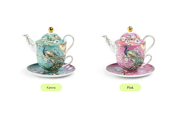 Peacock Lotus Garden Green Fine Porcelain Tea For One Set