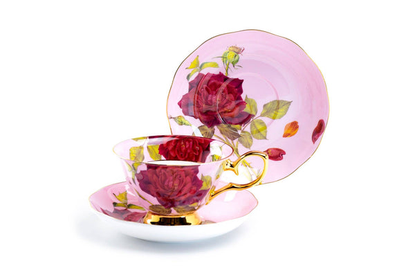 Gold Pink Stem Rose 7oz Bone China Tea Cup and Saucer