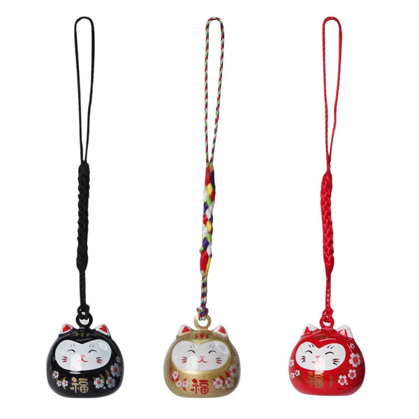 3 Piece Pack 4"L Daruma Cat Netsuke Bell Hanging Charm (1/180)