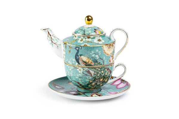 Peacock Lotus Garden Green Fine Porcelain Tea For One Set