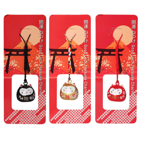 3 Piece Pack 4"L Daruma Cat Netsuke Bell Hanging Charm (1/180)