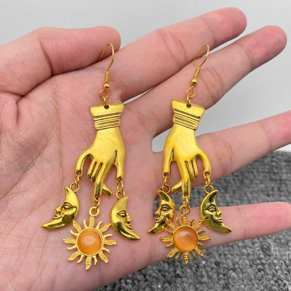 Vintage Golden Star Moon & Hand Charm Dangle Earrings - MS
