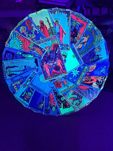 Classic Rider Waite Tarot Card Deck Bamboo Parasol – UV Blacklight Reactive, The High Priestess, The Magician & More Festival Sun Protection