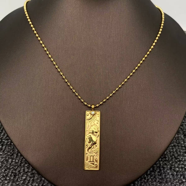 Rectangular 18K Golden SS Zodiac Signs Charm Necklace - FGS