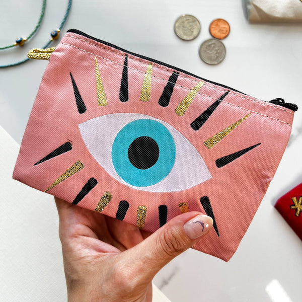 Handmade Coin Purse, Evil Eye Coin Purse, Pink Zipper Pouch