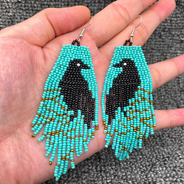 Boho Crow Pattern Seed Bead Fringe Earrings - BJ/SB