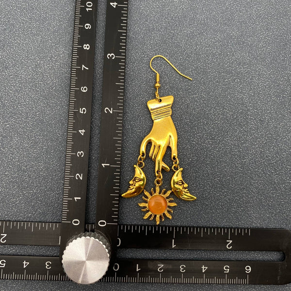 Vintage Golden Star Moon & Hand Charm Dangle Earrings - MS