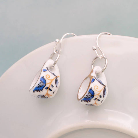 Blue Yellow Ceramic Teacup Earrings