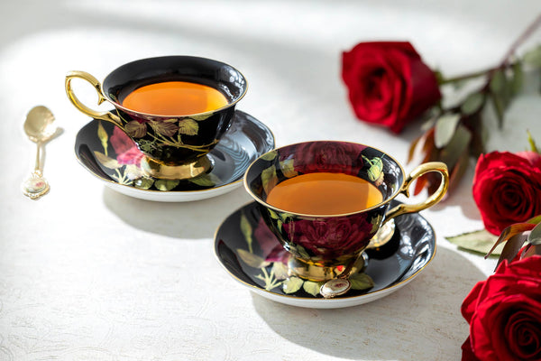 Gold Black Stem Rose 7oz Bone China Tea Cup and Saucer