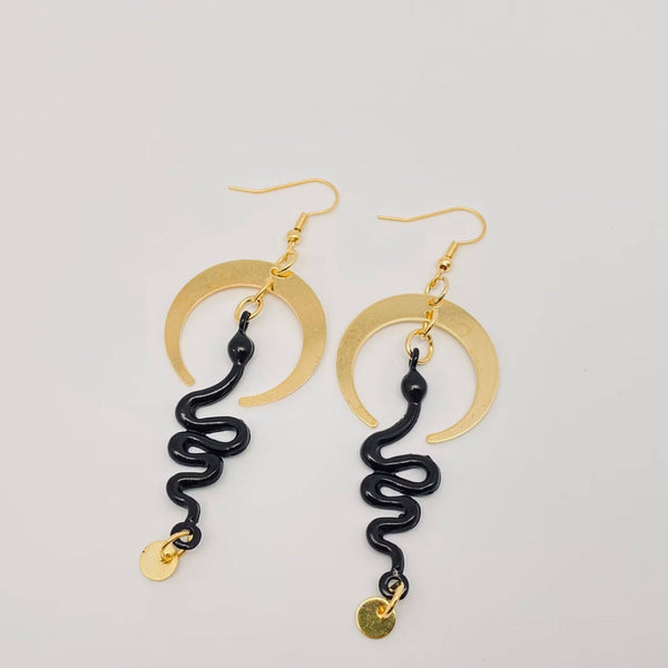 Gothic Snake Earrings Golden Bend Moon Earrings - GT/MS