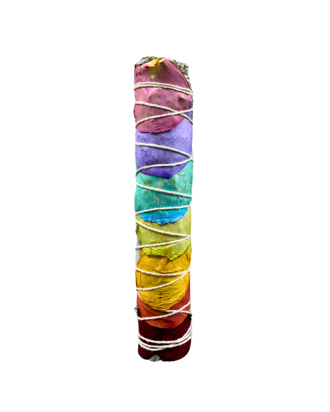 Chakra Smudge Stick, 8" White Sage Wand w/Rainbow Rose Petal