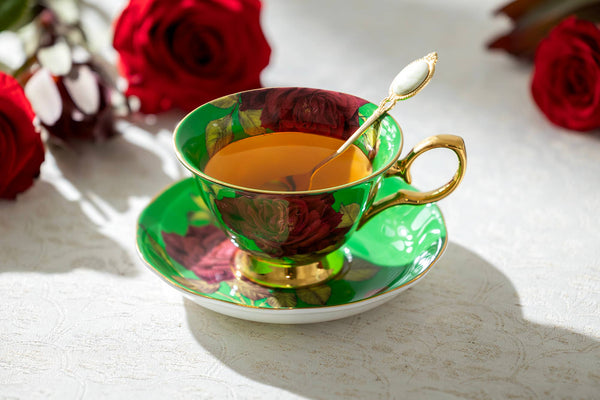 Gold Green Stem Rose 7oz Bone China Tea Cup and Saucer