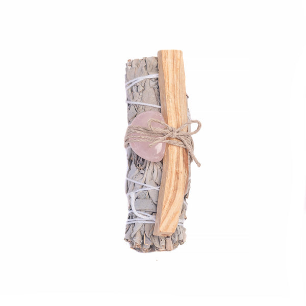 White Sage, Smooth Rose Quartz, Palo Santo Bundle