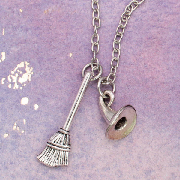 Basic Witch Silver Hat Broom Charm Necklace