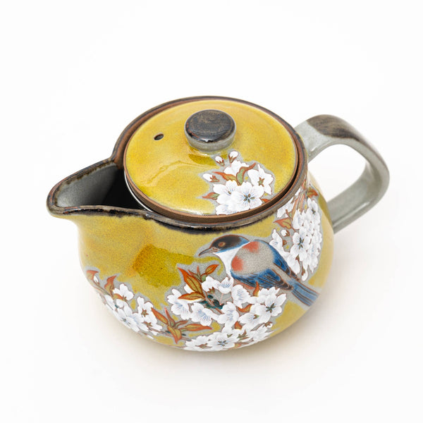 Kutani Ware Handmade Yoshidaya Cherry Bird Teapot - Yellow