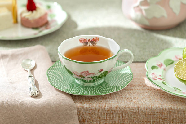 Apple Blossom Lattice Bone China Tea Cup Saucer w/ Gift Box