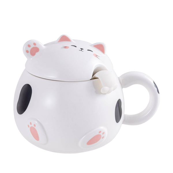 Whimsy Cat 15oz Mug With Lid and Spoon White